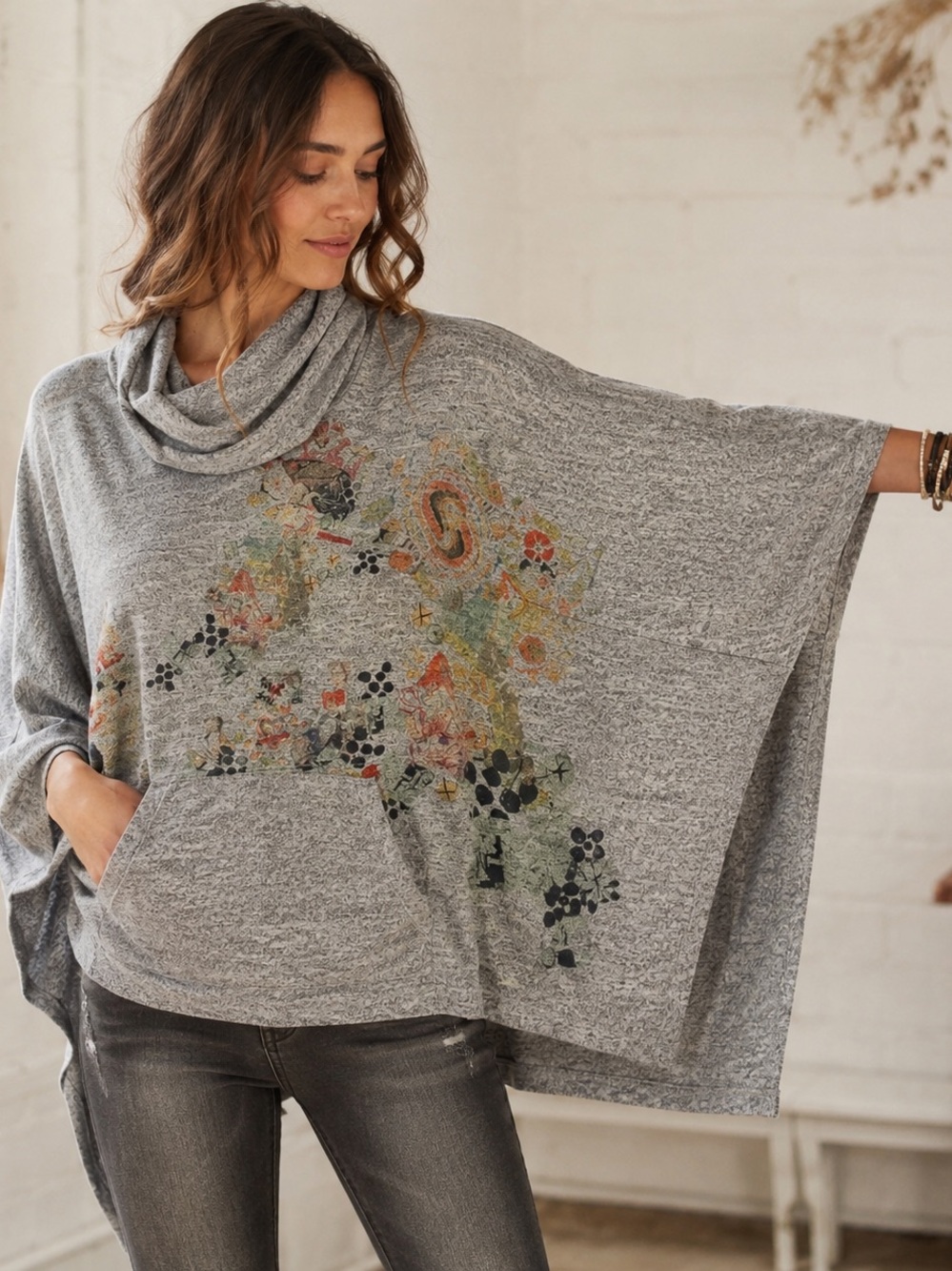 Abstract Art Oversized Cowl Neck Poncho Tunic